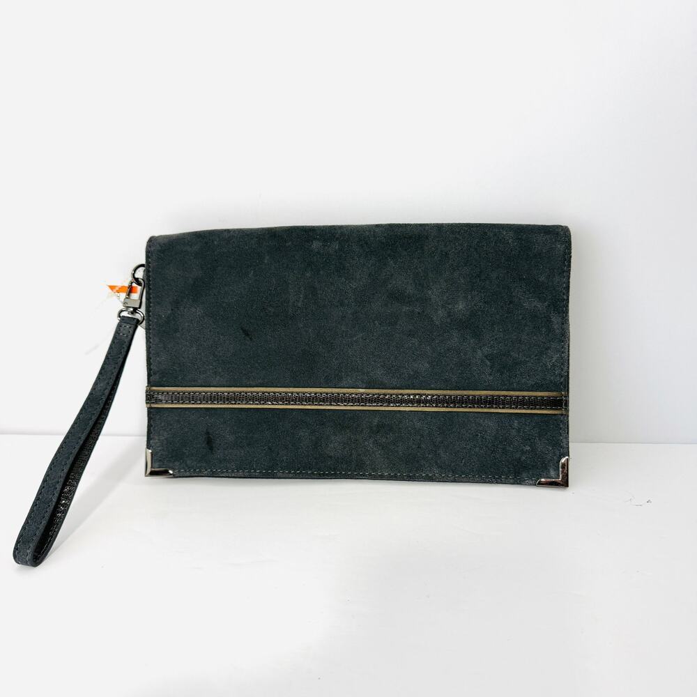 Black Suede Wristlet Clutch‎ Purse Interior Zip Minimalist Evening Bag